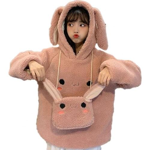 Women Autumn Winter Hoodies Cute Ears Hoodie Faux Fleece Long Sleeve Sweatshirt with Bag Cartoon Lovely Hooded Sweatshirts Girls