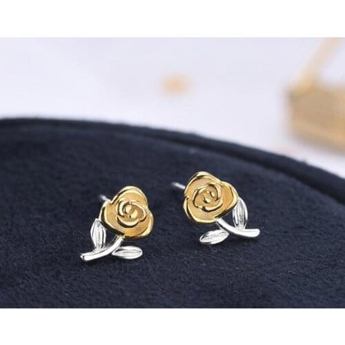 Hot Sale Real 925 Sterling Silver Stud Earrings For Women Statement Korean Gold Rose Floral Earring Party Gifts Fashion Jewelry