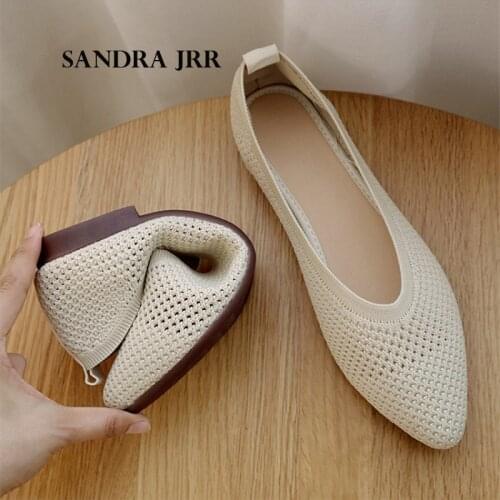 SANDRA JRR Summer Hollow Out Flats Knitted Fabric Shoes Women Casual Daily Drive Walking Shoes Pointed Toe Slip On Sneakers