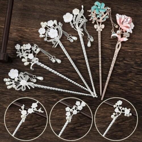 Vintage Chinese Style Hair Stick Women Metal Rhinestone Hair Stick Hair Chopsticks Hairpin Chignon Woman Hair Clip Accessories