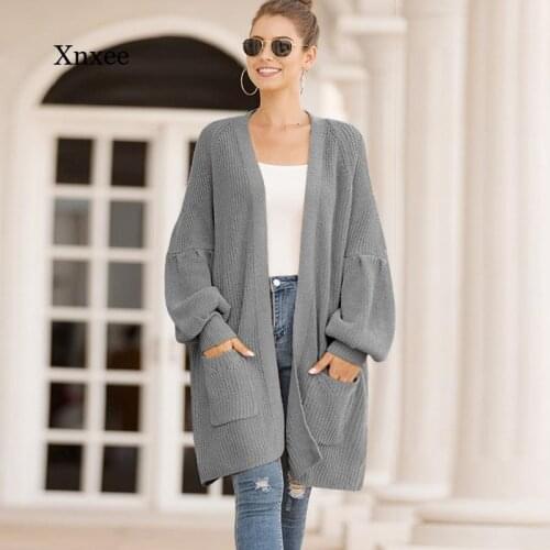 Fall/winter Womens Loose Solid Color Long Cardigan Sweater V-Neck Lantern Sleeve Casual Sweater Loose Coat Womens Elegant Knit