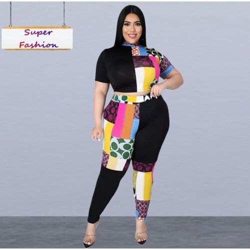 XL-5XL Plus size set women summer clothing fashion printing Stitching color short sleeve top and pant 2 piece outfits Wholesale