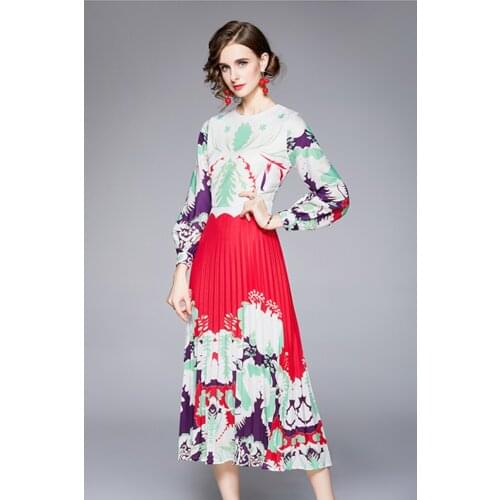Elegant Womens Runway Vintage Print Long Sleeved Midi Pleated Dress Spring Fashion Clothes Designer Celebrity Party Vestidos