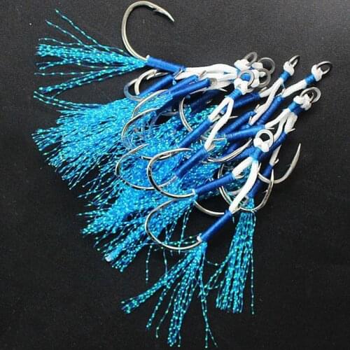 10pair/Lot Ring JigLure Assist Hook Jigging Fishjig Double Feather Barbed Blue Fishing Peche Pair Assist Pesca Hooks N1C6