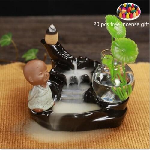 2 different Style Cute Monk Blackflow Ceramic with 20 pcs Incense Gift River Insence Holder Bakhoor Incense Waterfall