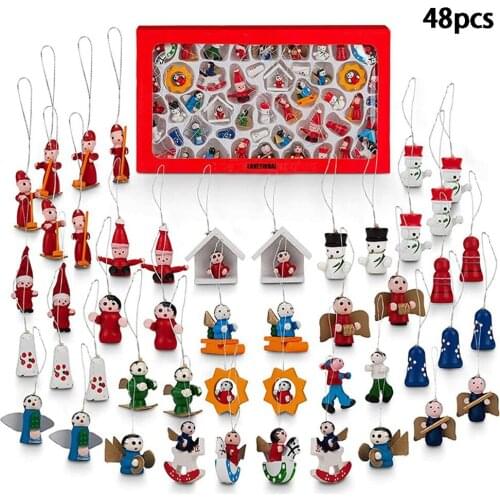 48pcs Christmas Wooden Hanging Ornaments Cute Pendants Festival New Year Decoration Gifts for Girls Kids