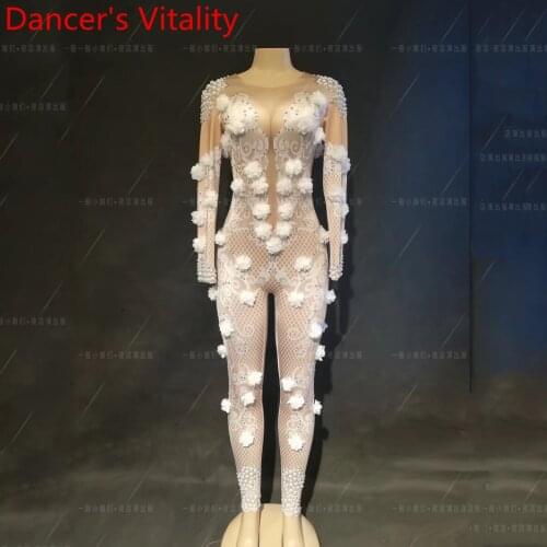 White Rose Flower Diamond-encrusted False Perspective Long Body Suit Photograph Nightclub Bar DJ Pole Sexy Performance Costume