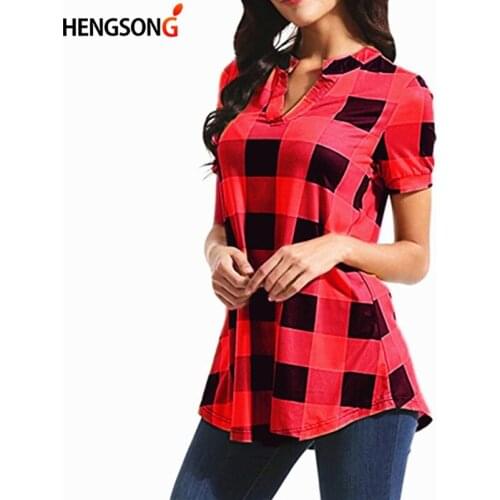 Fashion Women Plaid Blouse V Neck Short Sleeve Summer Shirts Loose Casual Tops Female Plaid Shirts Plus Size 3XL