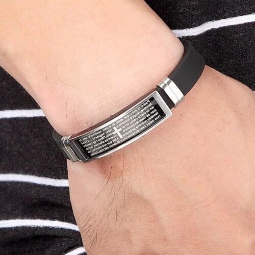 Christian Bible Scripture Cross Bracelet Fashion Mens Ladies Rubber Bracelet Stainless Steel Jewelry