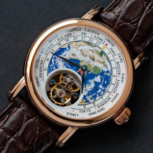 Top Luxury Men Globe Earth Tourbillon Watches Seagull ST8000 Movement Mechanical Manual Winding Wristwatches Sapphire Glass 40mm