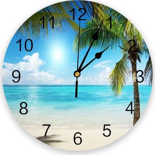 Beach Sky Clouds Coconut Trees Sea Landscape New Wall Clock Fashion Living Room Quartz Watch Modern Home Decoration Round Clocks