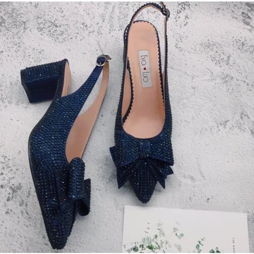 CHS1228 Custom Handmade SlingBacks Dress Pumps Big Size High Heel Women Shoes Bridal Wedding Navy Blue Crystal Shoes