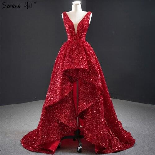 Dubai Red Deep-V Luxury Sexy Evening Dresses 2021 Sleeveless Sequins Asymmetrical Formal Dress Serene Hill HM67126