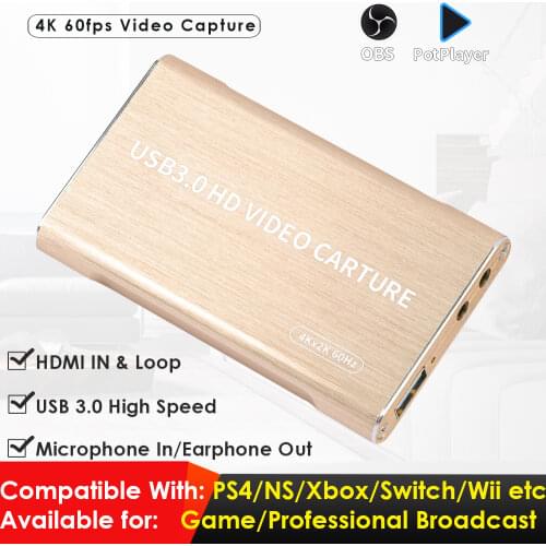 4K 2K HDMI to USB3.0 Video Capture Card W/HDMI Loopout Compatible with PS4, Nintendo Switch, Xbox One etc. for Game Broadcasting