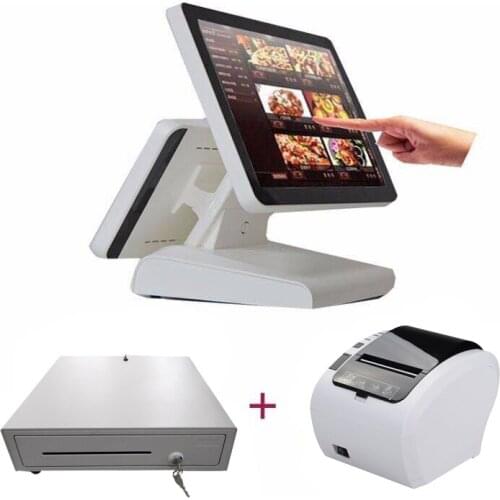 Cash register white pos system dual screen cash register most popular 15 inch pos terminal with 80mm receipt printer cash drawer