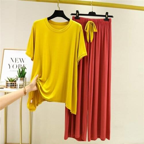 Women 2020 Summer Modal Pajamas Set Comfort Solid Color Female O-Neck Short Sleeve Homewear 2Pcs T-Shirt+Pants Casual Suit L268