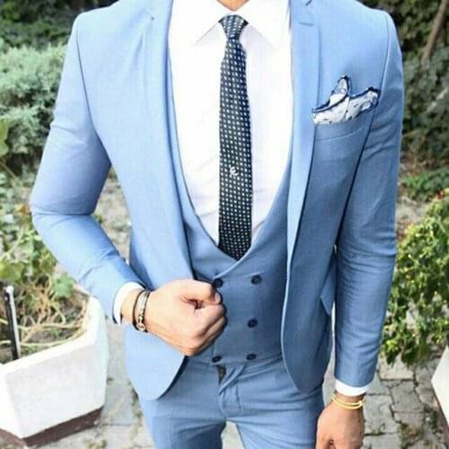 Custom Made Groomsmen Sky Blue Groom Tuxedos Notch Lapel Men Suits Wedding Best Man Blazer ( Jacket+Pants+Vest+Tie ) C450