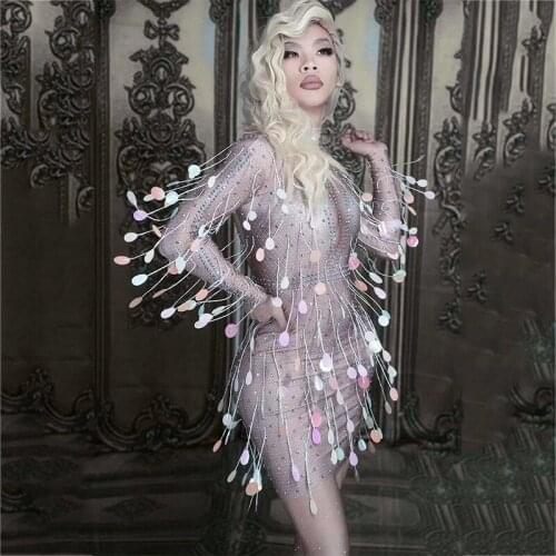 Colorful Sequin Tassel Dress Women Birthday Party Evening Bar Celebrate One-Piece Sexy Short Dresses Female Skinny Costume DT519