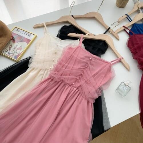 Summer Dress Women Elegant Lace Mesh Fairy Dress Casual Princess Voile Knee-length Middle Slip Dress 2021