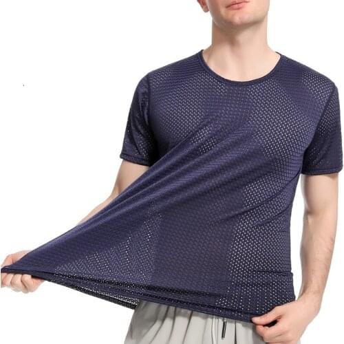 Mens Solid Mesh Breathable Fishnet T Shirt Stretchable Tshirt Ice Silk Sport 2021 Sexy Short Sleeve 4XL O Neck 5 Colors