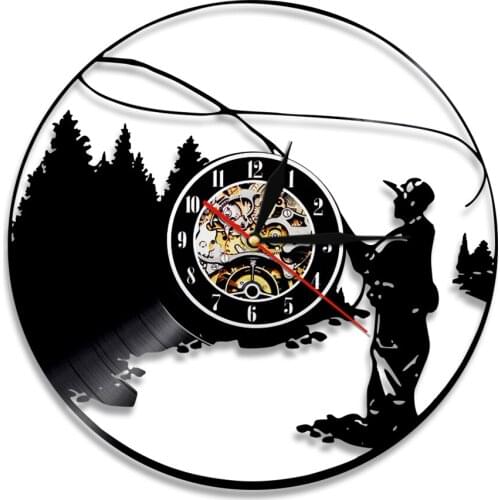 Fisherman Lake Fishing Silhouette Wall Clock Wall Art Home Decorative Modern Outdoor Item Vinyl Record Wall Clock
