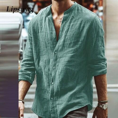 Mens Solid Long Sleeve Cotton Linen Shirts Autumn Casual Stand Collar Buttoned Cardigan Tops Fashion Loose Shirt Men Streetwear