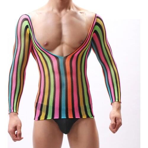 Shirt Passionate Rainbow Costume Sleeve Sexy Males Deep V Low Cut Bodystocking lingerie Top Man Cross Dressing Sexy Fetish Hot