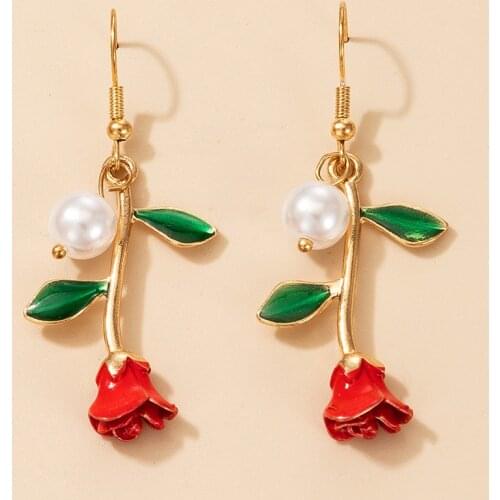 HI MAN Japanese Exquisite Simple Red Rose Pearl Stud Earrings Women Sweet Romantic Birthday Party Gift Jewelry