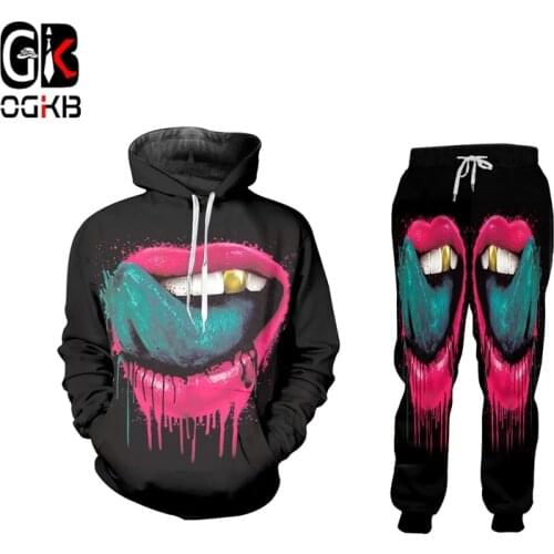 OGKB New Style Tracksuit Women/Men 3D Print Hoodies+sweatpants Suit Funny Green Tongue Print Punk Clothing Oversized 6XL