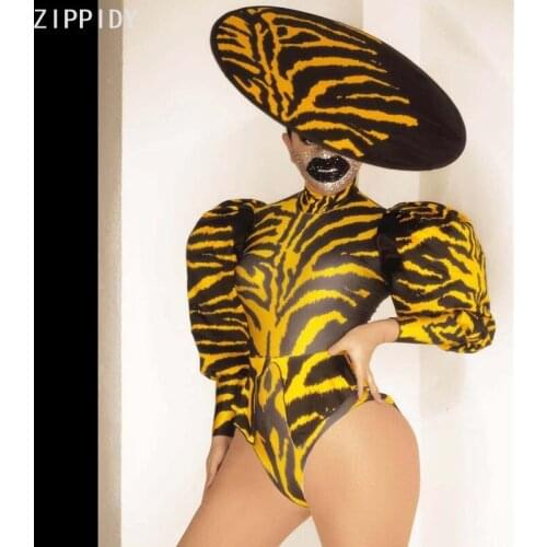 Zebra Pattern Yellow Tuxedo Bodysuit Hat Women Singer Dancer Show Wear Prom Party Nightclub Stage Cosplay Outfit