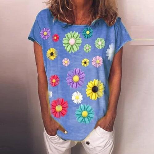 2021 Womens New T-shirt Top Flower Print Pullover Flowes Casual Loose Floral Round Neck Short Sleeve T-Shirt Fashion Clothing
