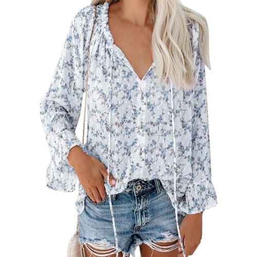 New Stylish Floral Print Chiffon Shirt Flare Long Sleeve Women Blouse Quick Drying V Neck Lace Up Pullover Top Streetwear