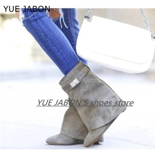 Women 2021 fashion Shark Lock boots Winter Wedge Heel Women Short Boots zipper Pointed Toe Mid-calf Boots Military Combat Boots