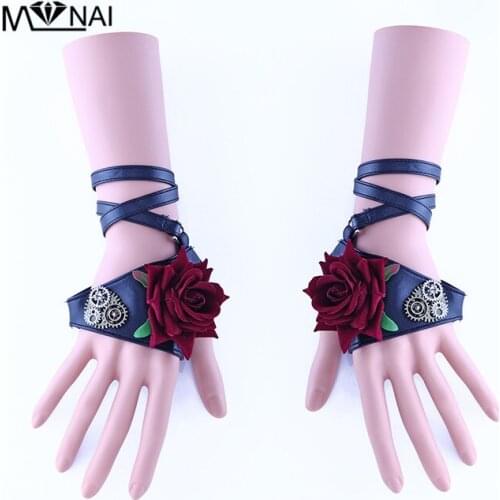 Punk Design Handmade Gothic Leather Gothic Rose Gears Performance Gloves For Women Lolita Fancy Dress