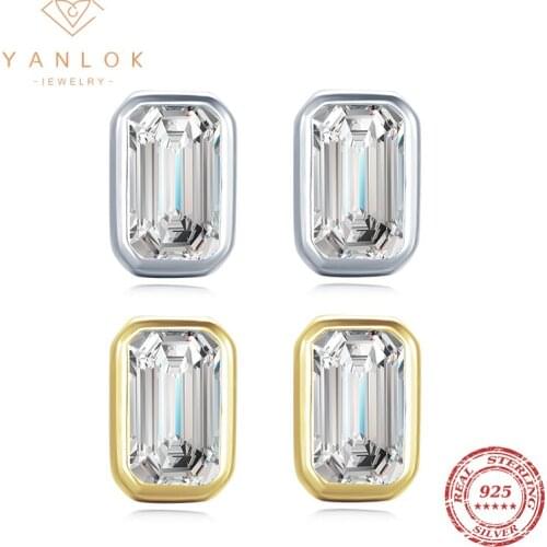 YANLOK Authentic 925 Sterling Silver Classic Emerald Cut Clear CZ Stud Earrings For Women Luxury Wedding Jewelry Bijoux Gift