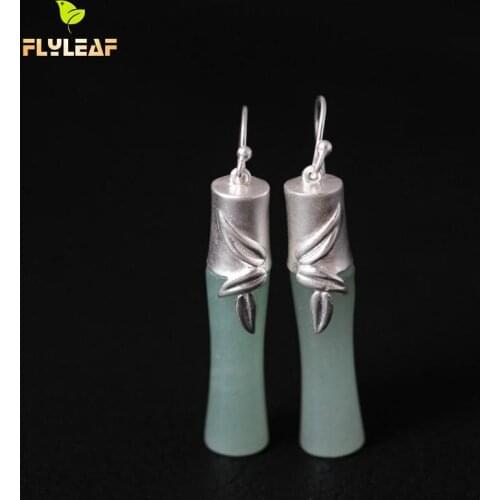Flyleaf 925 Sterling Silver Ethnic Natural jade Bamboo Stud Earrings For Women High Quality Elegant Lady Sterling silver jewelry