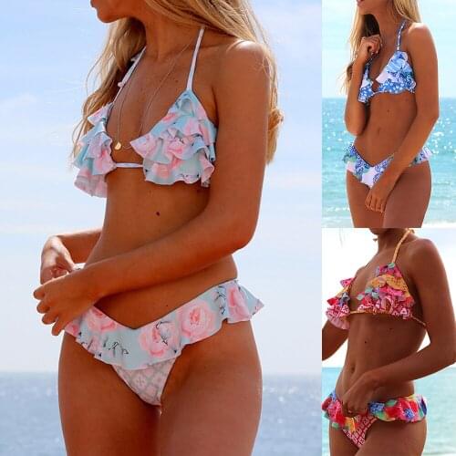 Floral Halter Swimsuit Sexy 2019 Bikinis Women Ruffled Triangle Bikini Swimwear V-neck Bathing Suit Beachwear Backless Biquini