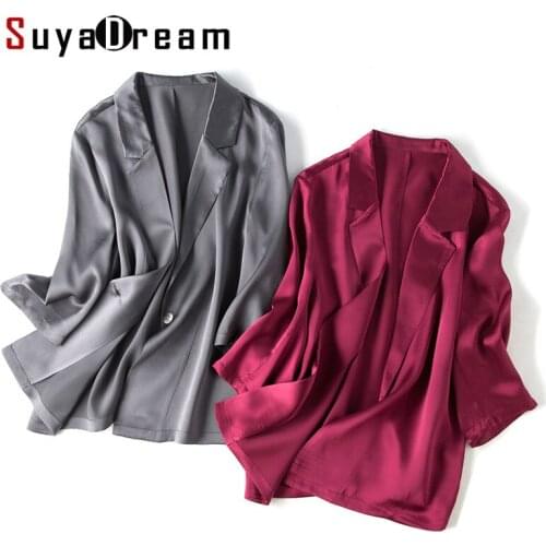 Women Silk Blazer 100%Silk Solid 3/4 Sleeved Single Button Office Lady Blazer 2019 NEW Fall Winter Out wear