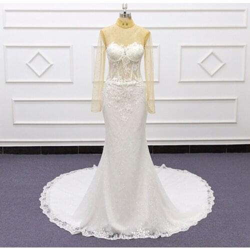 Elegant Lace Wedding Dresses 2021 Sexy illusion Long Sleeve Boho Beach Bridal Gown Chapel Train Marriage Rhinstone SJ521