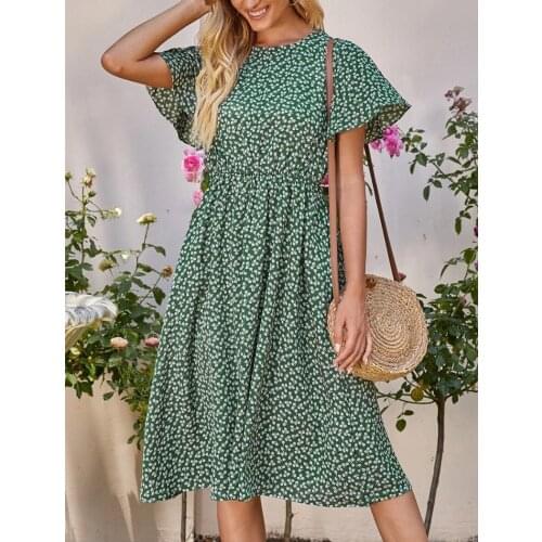 Summer Women Dress 2021 Print Color Vintage Short Sleeve Casual Loose Autumn Female Vestido OL Beach Style Party Robe C2923