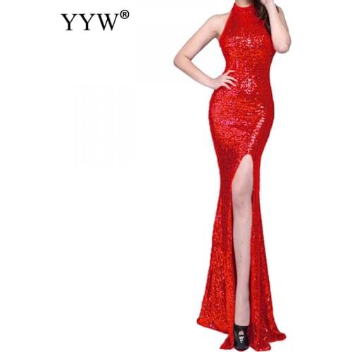 2020 Sexy Halter Summer Sequins Dress Hollow Out Long Evening Party Club Dress Women Split Luxury Elegant Mermaid Formal Dress