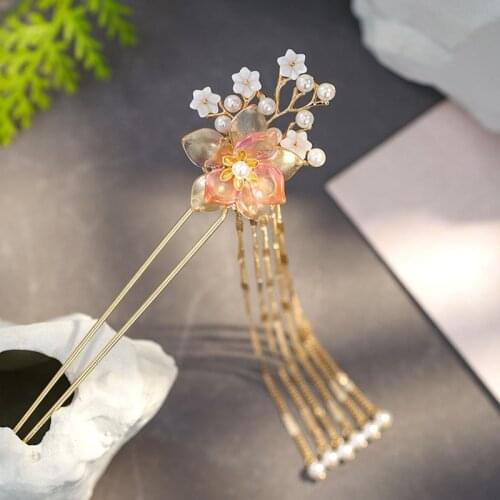 Antiquity Pearl Hair Stick Imitation Jade Flower Hairpin Tassel Step Shake Headdress Hanfu Handwork Hair Accessories DL