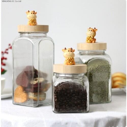 Candy Jar with Lid Cereal Dispenser Creative Cute Square Glass Storage Bottle Tea Box Kitchen Decoration Animal Sealed Jar