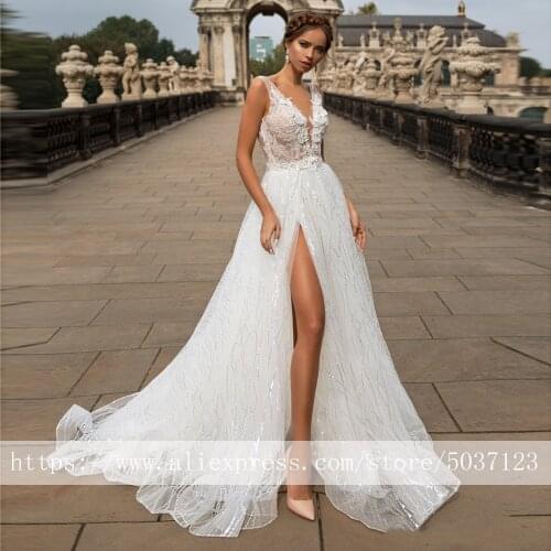 Sparkling A Line Wedding Dresses 2020 Deep V Neck Vestido De Noiva Sleeveless Lace Appliques Bridal Gowns Robe De Mariee