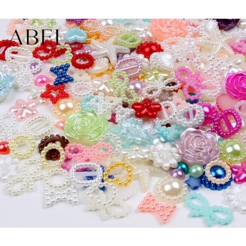 200pcs 6-20mm Random Styles Mix Colors Flat Back ABS Beads Imitation pearls Flower Heart Half Round Bow Star Bead