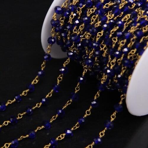 5Meter Rosary Style Bead Chain,Copper Brass Wire Wrapped Faceted Rondelle,Dark blue Crystal Glass Chain Necklace Jewelry making