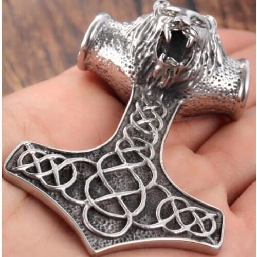 112g Large 45*76mm Personality Biker Lion Thor Hammer Pendant 316L Stainless Steel Rolo Chain Mens Necklace Gifts 24
