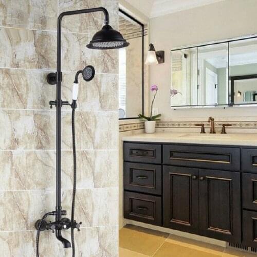 Black Oil Rubbed Brass Wall Mounted Bathroom Waterfall 8.2" Round Rain & Hand Shower & Tub Faucet Set Dual Cross Handle ahg043
