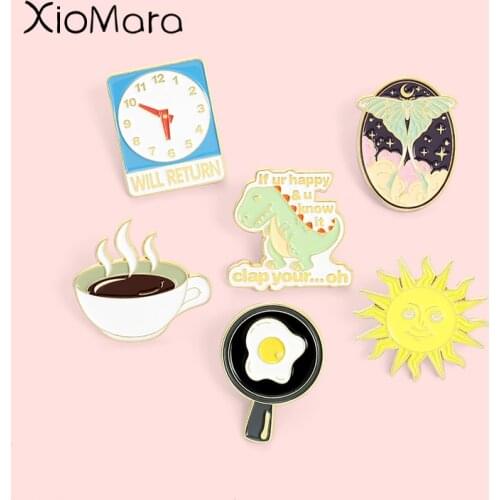 Daily Fried Egg Clock Coffee Enamel Pins Custom Star Moon Moth Dinosaur Brooch Hat Lapel Badge Bag Animals Jewelry Gift For Kids