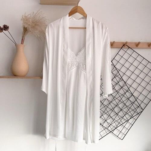 Sexy Bathrobe Kimono Gown Women 2PCS Robe Set Satin Faux Silk Sleepwear Intimate Lingerie Lace Patchwork Nightwear Sleep Dress